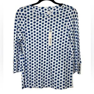 Chico's Shirt Size 0 Navy Blue Ikat Dot 3/4 Sleeve Cotton Slub Button Cuff Tee